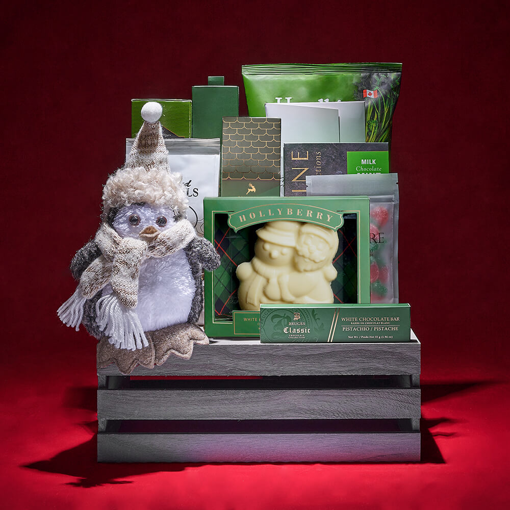 Winter Holiday Gourmet Gift Crate with Plush Penguin and Sweets – how the gift is presented