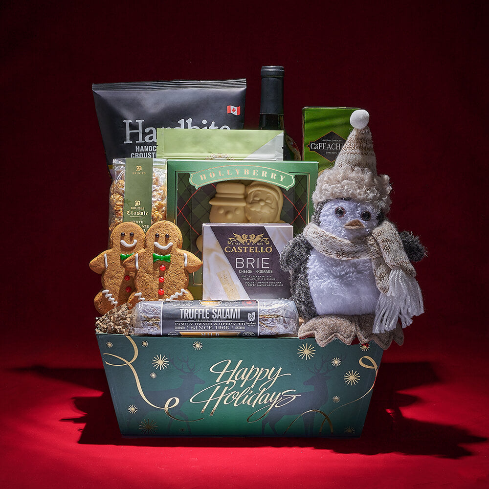 Holiday Wine Basket with Savory Snacks – how the gift is presented