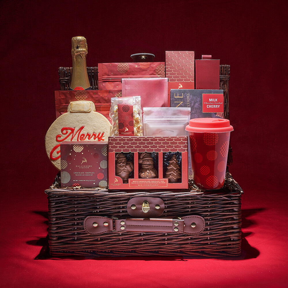 Festive Sparkling Wine Gift with Gourmet Christmas Basket – how the gift is presented
