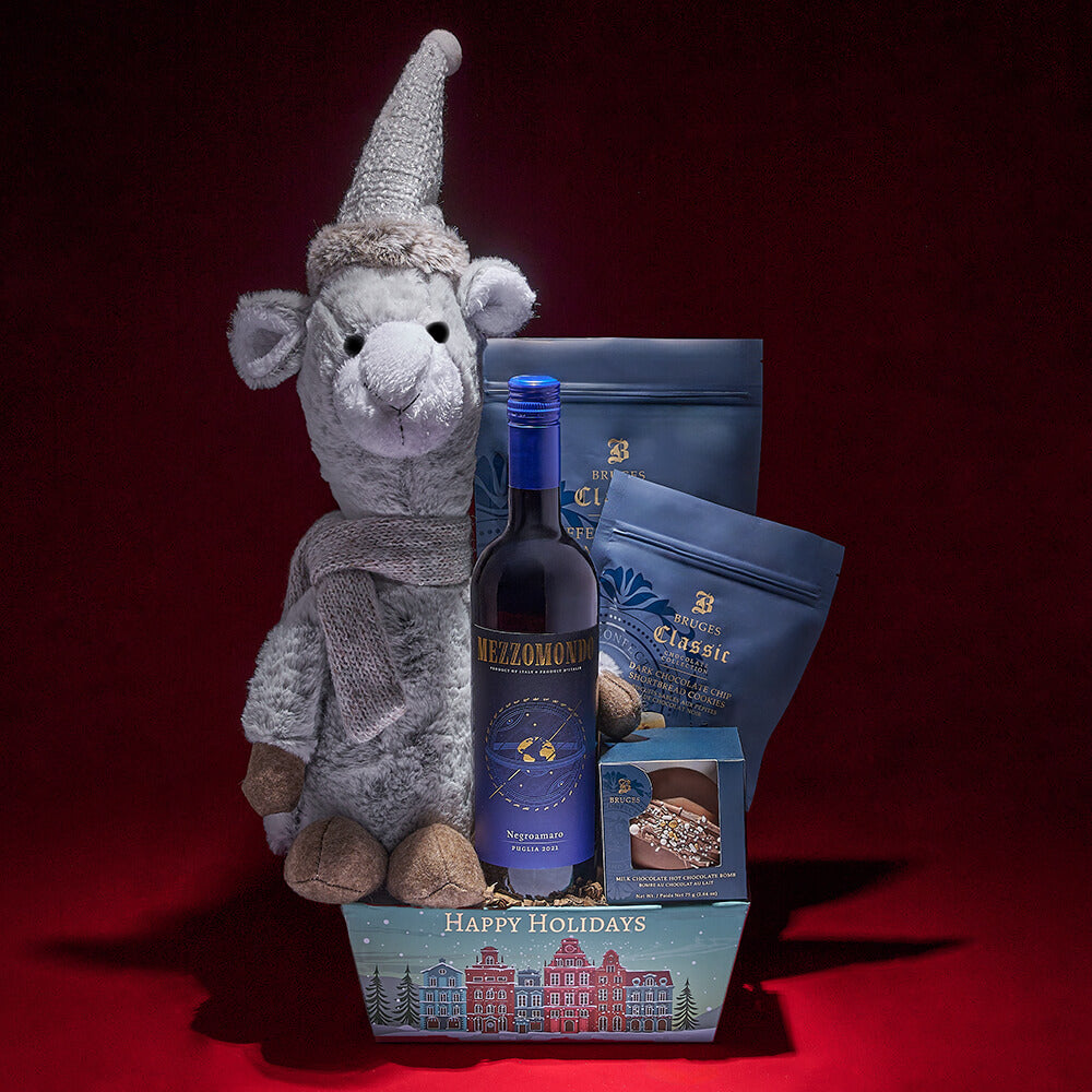 Holiday Market Tray Wine Gift with Plush Llama and Bruges Hot Chocolate – how the gift is presented