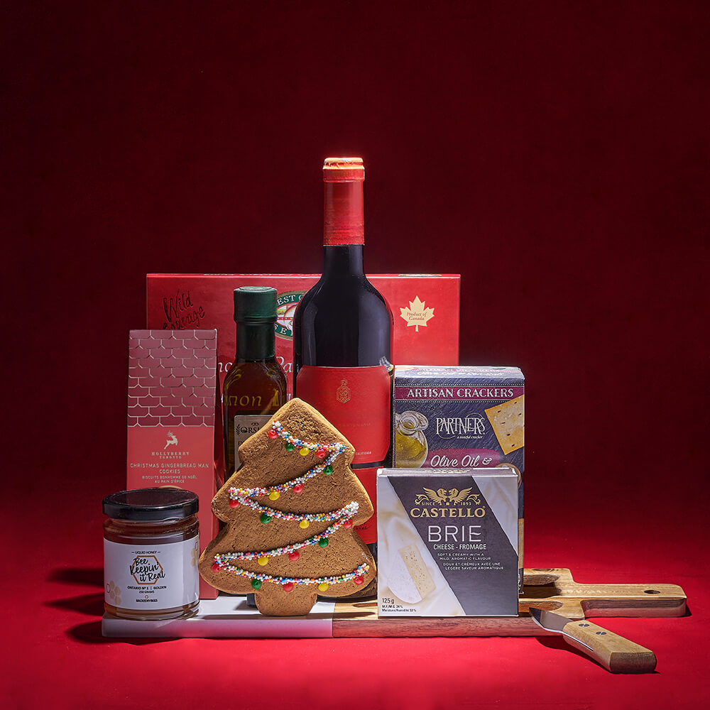 Holiday Wine Gift Basket Featuring Smoked Salmon and Brie on Marble & Wood Board – how the gift is presented