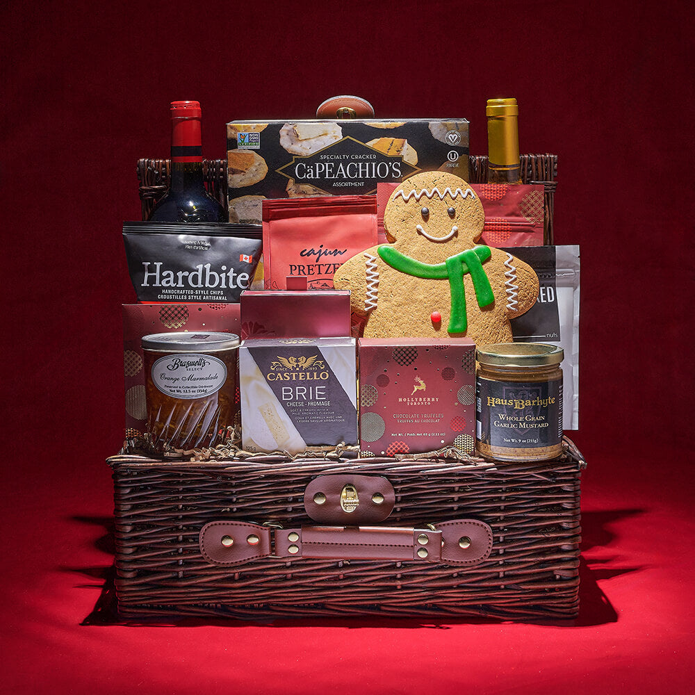 Classic Wicker Basket with Wine and Gourmet Treats for Holidays – how the gift is presented