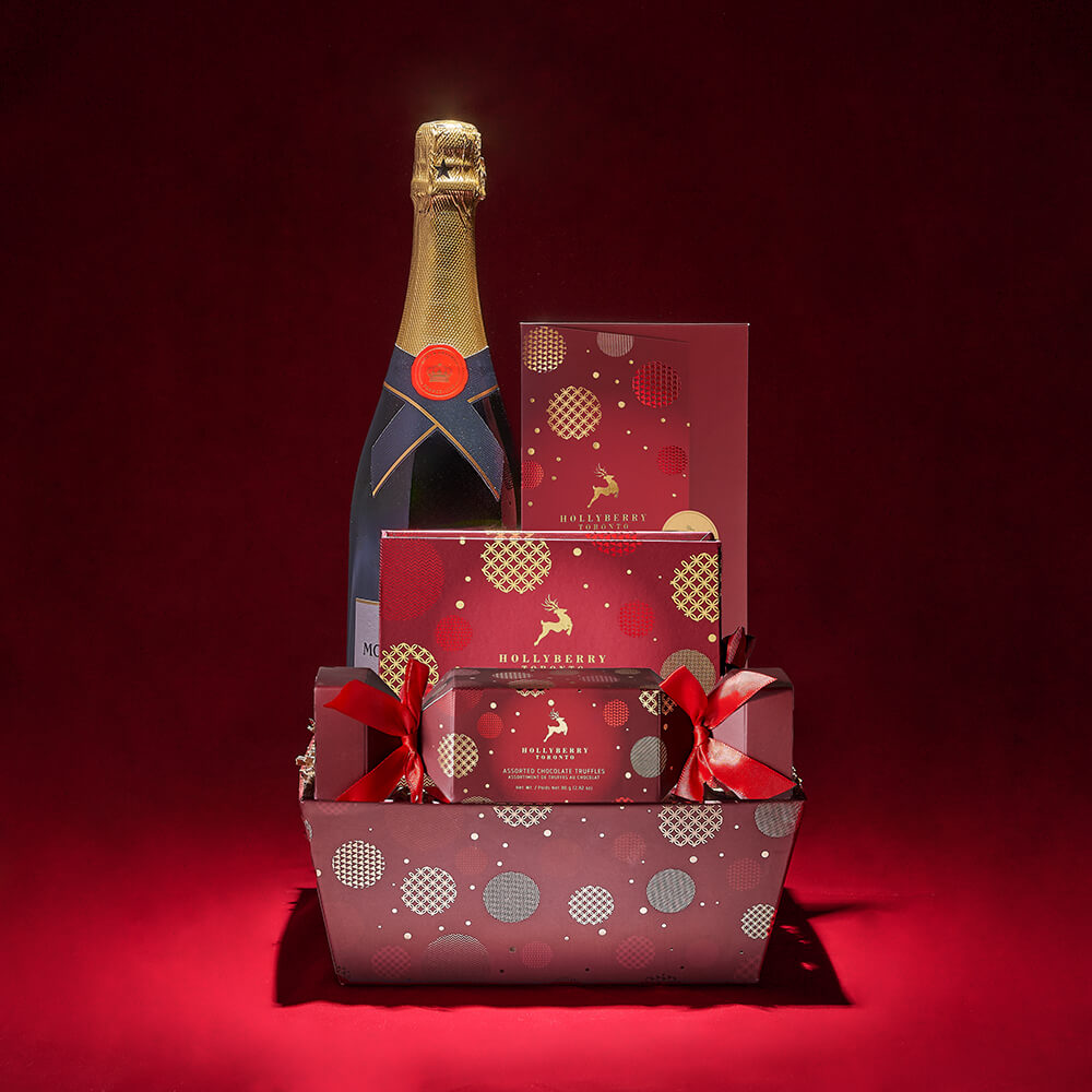 Holiday Sparkling Wine and Assorted Chocolate Truffles in Red Tray Gift – how the gift is presented
