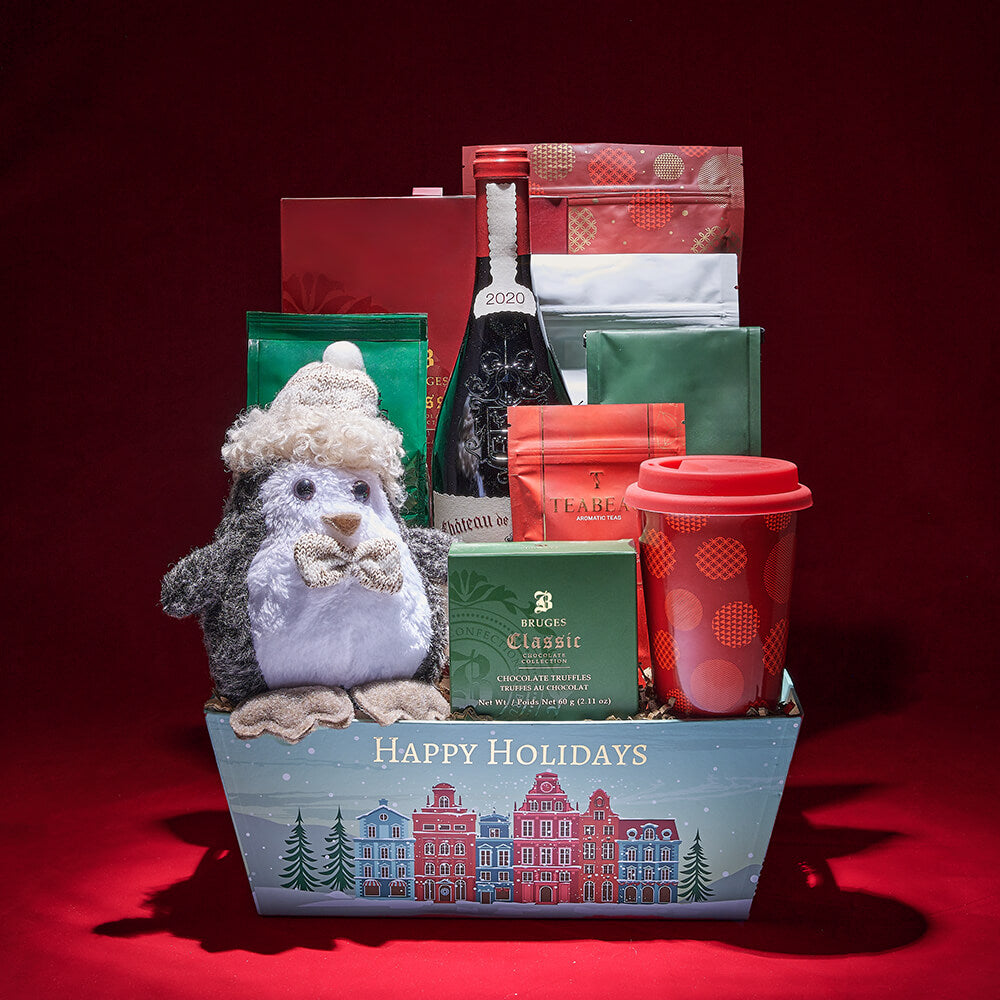 Penguin’s Festive Day Out Gift, wine gift, wine, chocolate gift, chocolate, coffee gift, coffee, tea gift, tea, chirstmas gift, christmas, holiday gift, holiday
