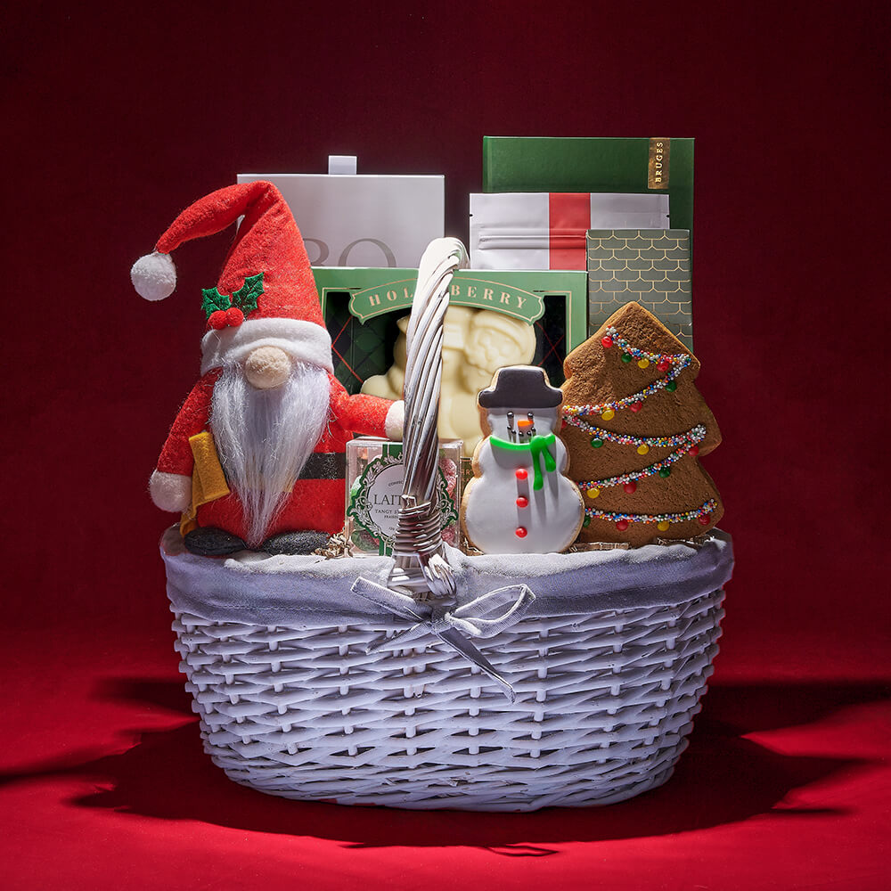 Christmas White Chocolate and Truffle Gift Basket with Mr. Santa Plush – how the gift is presented