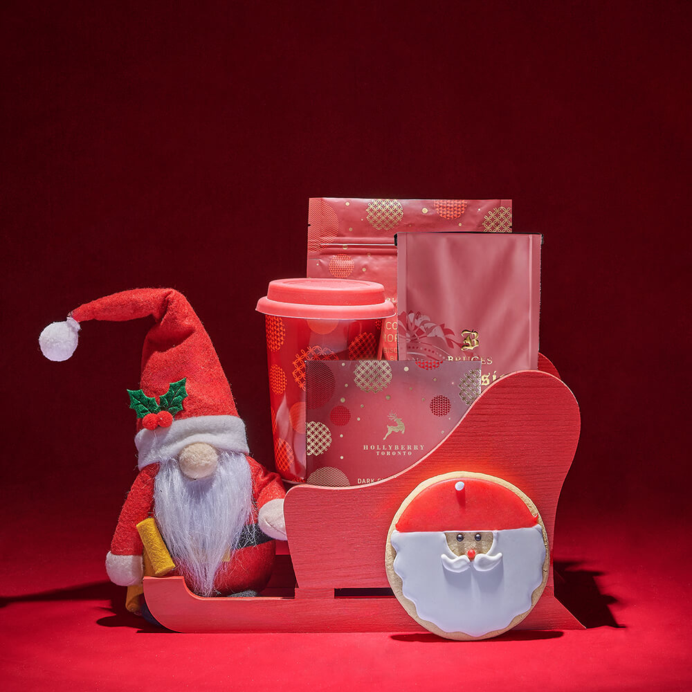 Holiday Chocolate and Santa Sleigh Basket – how the gift is presented