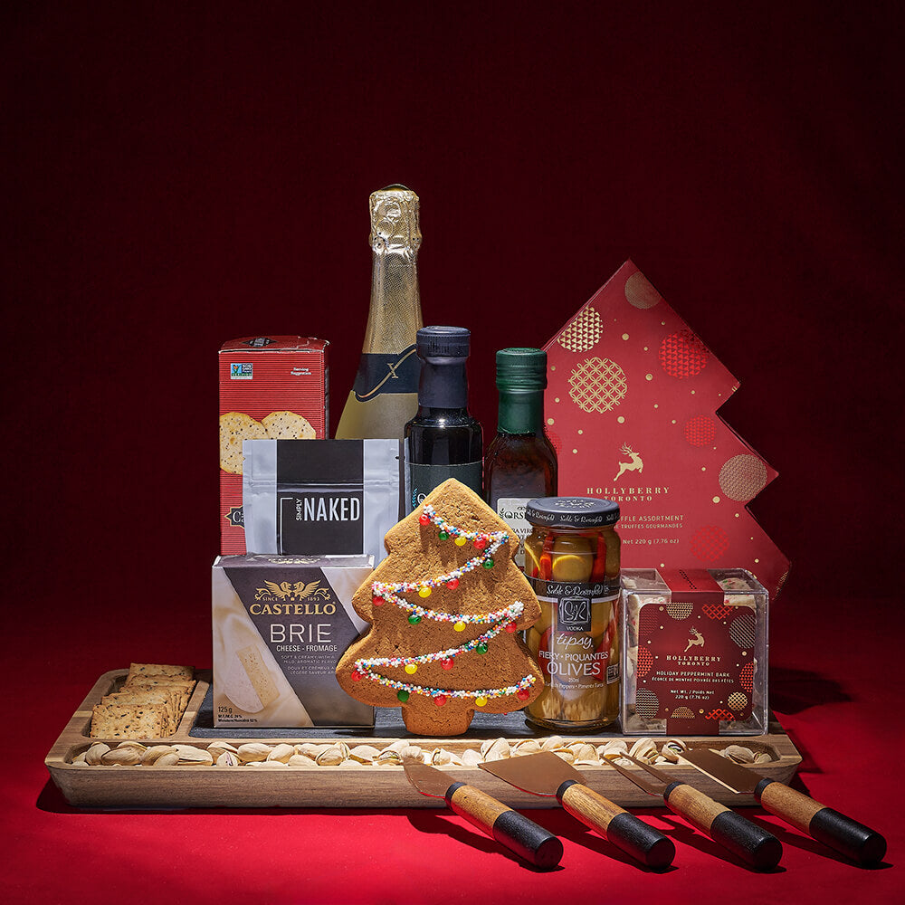 Premium Sparkling Wine Basket with Cheese, Chocolates & More – how the gift is presented