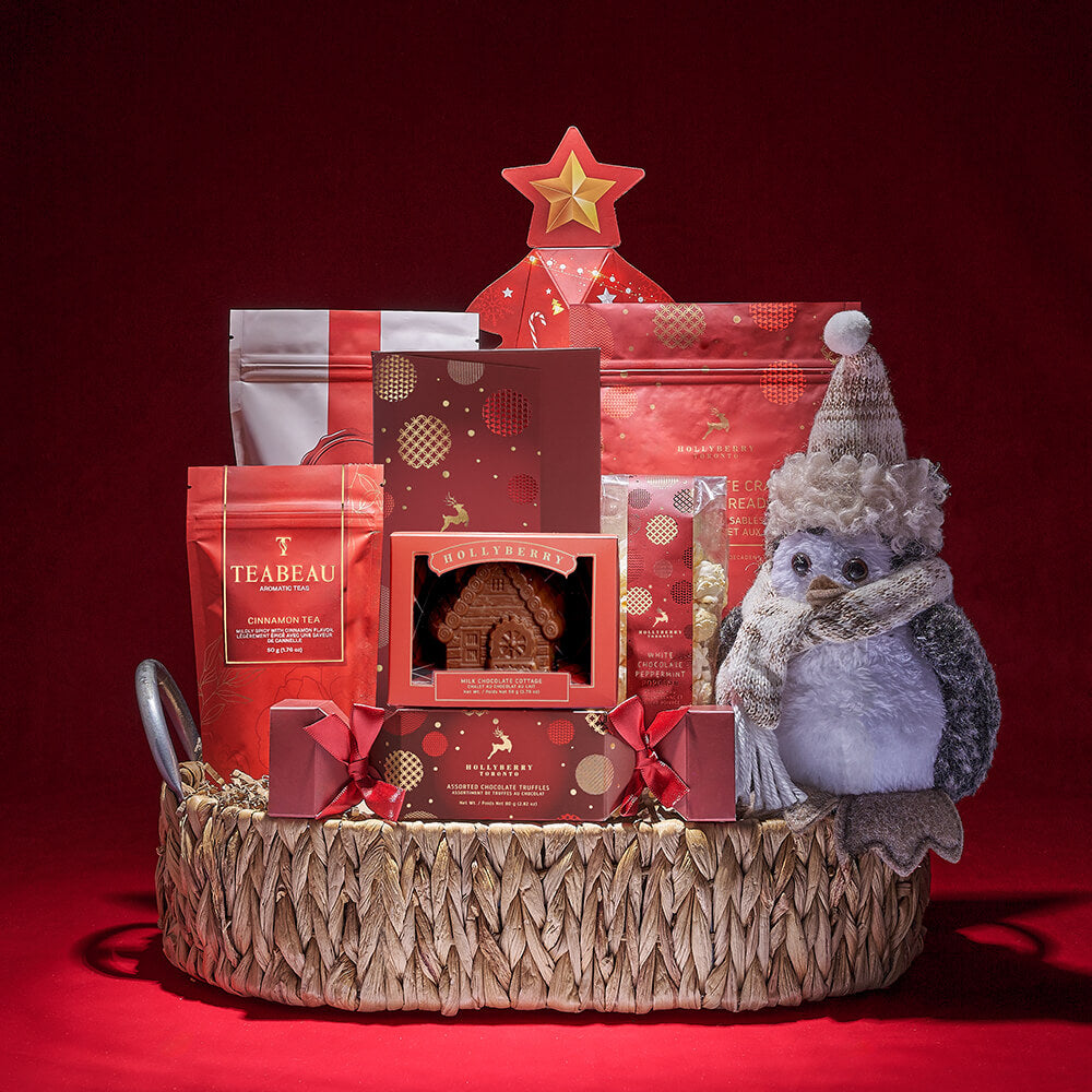 Penguin Plush and Gourmet Chocolate Basket – how the gift is presented