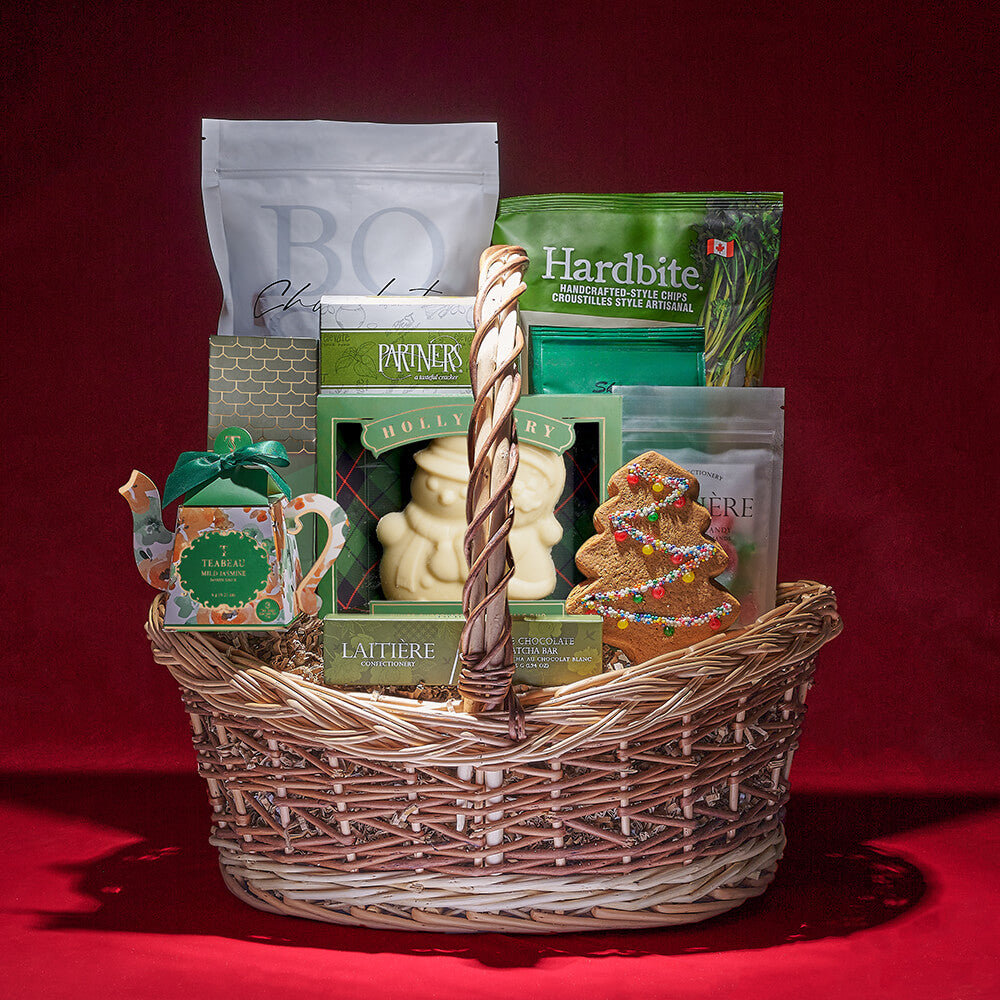Festive White Chocolate and Truffle Gift Box in Wicker Basket – how the gift is presented