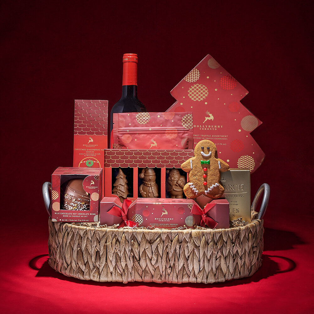 Signature Wine and Holiday Treats Basket – how the gift is presented