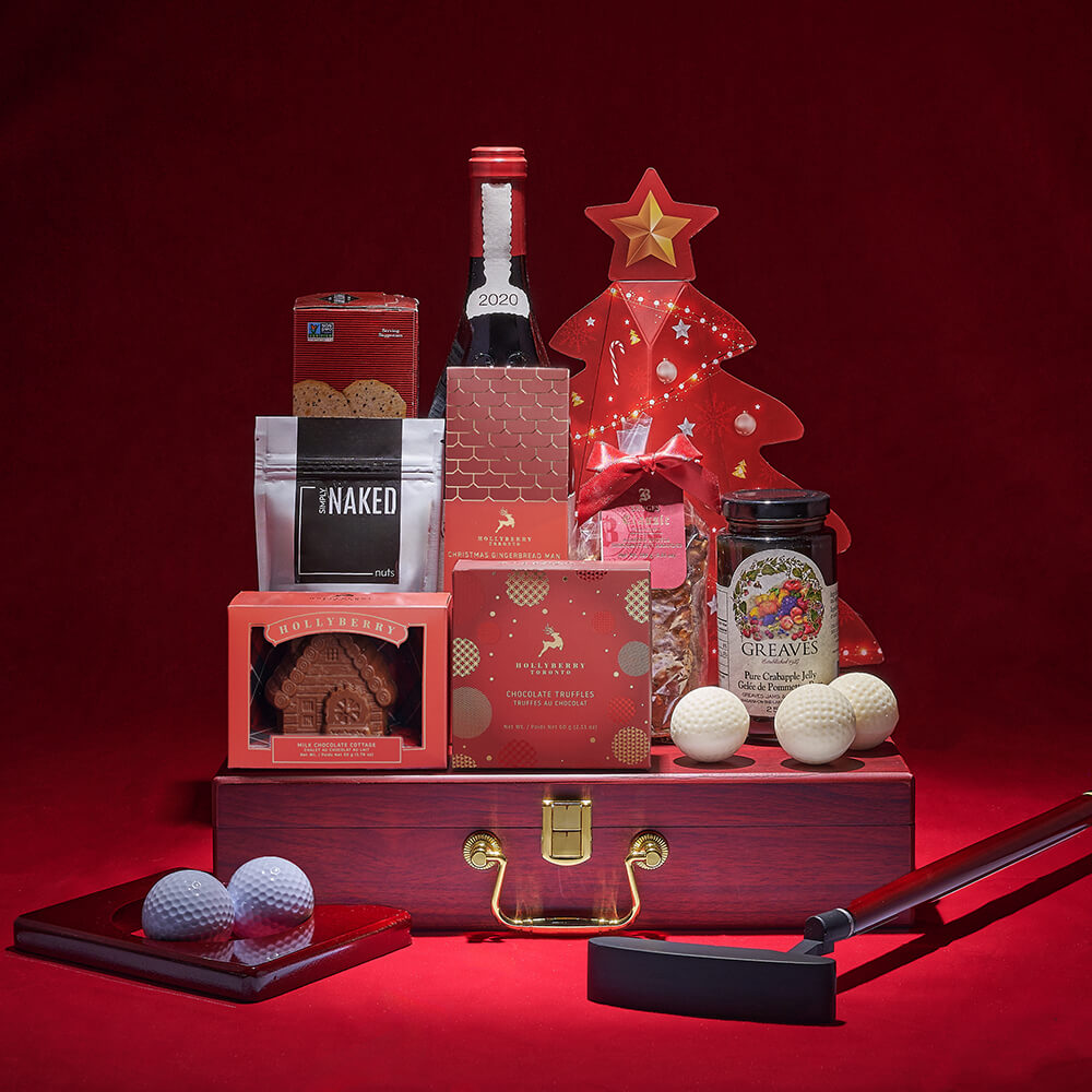 Executive Wooden Case Wine Gift Basket with Gourmet Christmas Treats – how the gift is presented
