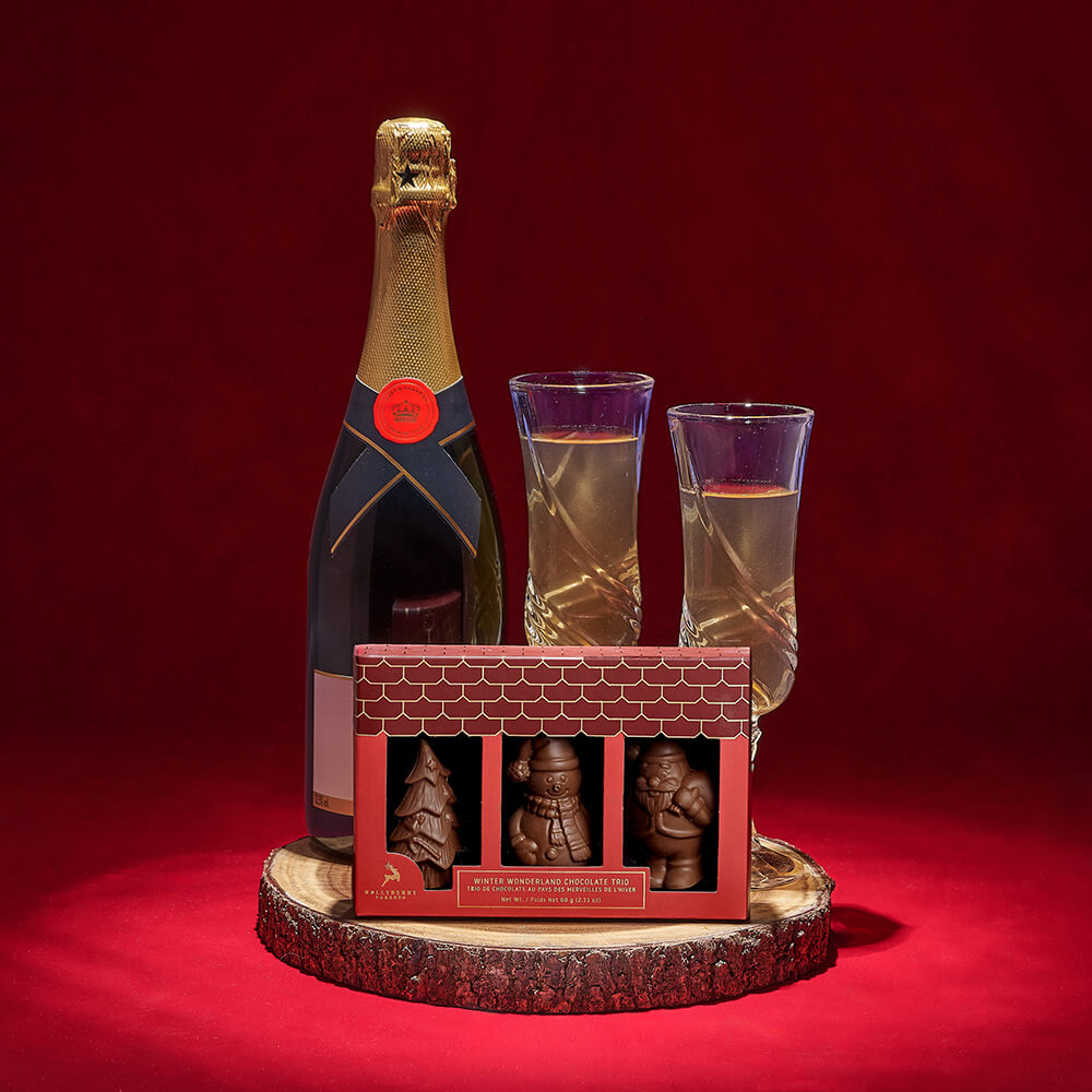 Sparkling Wine Chocolate Trio Holiday Basket – how the gift is presented