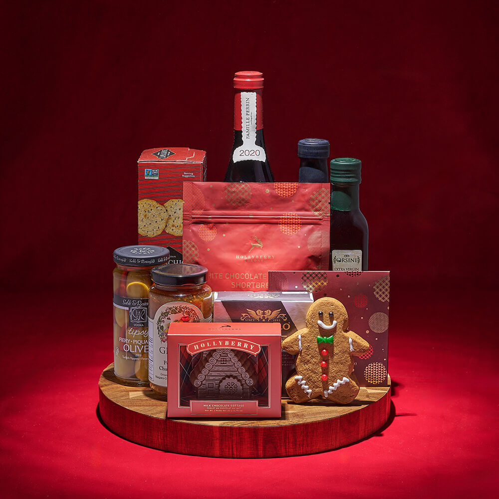Premium Wine Gift Basket Featuring Balsamic Vinegar and Brie Cheese – how the gift is presented