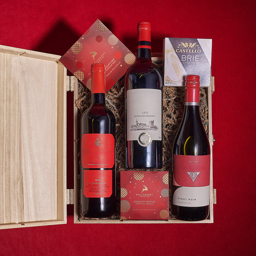 Wine Trio with Chocolates and Brie – how the gift is presented