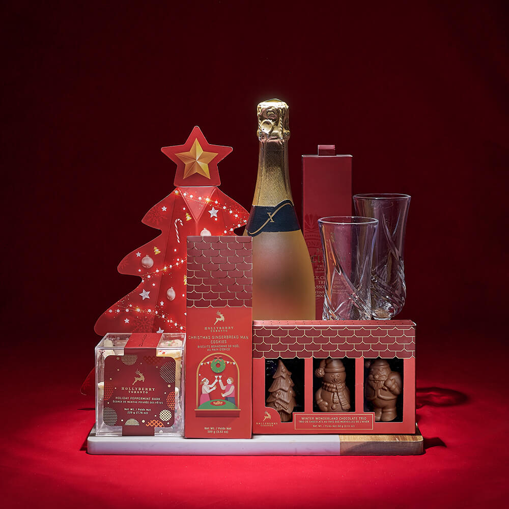 Premium Sparkling Wine Gift Basket with Christmas Treats and Marble Serving Tray – how the gift is presented