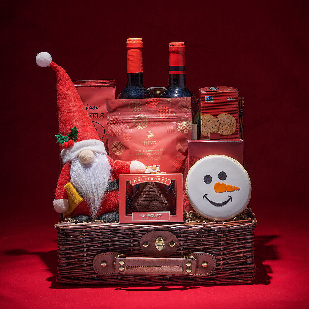 Premium Two-Bottle Wine Gift Basket with Truffles and Pretzels – how the gift is presented