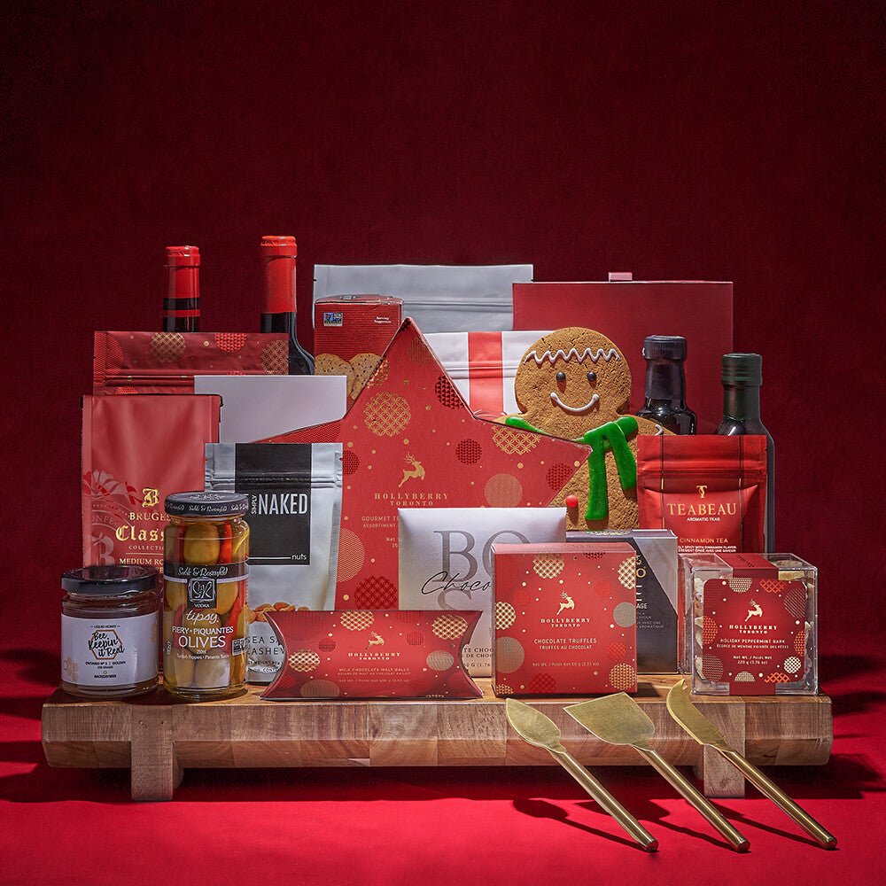 Holiday Wine Gift Basket with Peppermint Bark and Artisan Treats – how the gift is presented