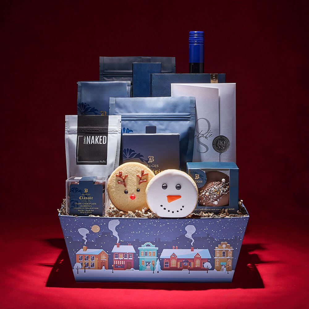 Holiday Wine and Gourmet Chocolates Gift Basket in Market Tray – how the gift is presented