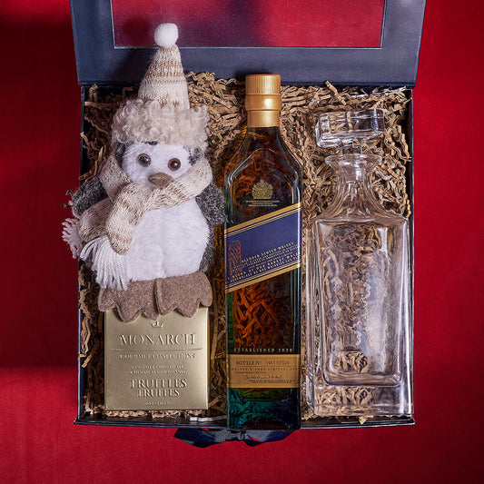 Happy Penguin Gift Box, christmas gift, christmas, liquor gift, liquor, decanter gift, decanter, chocolate gift, chocolate