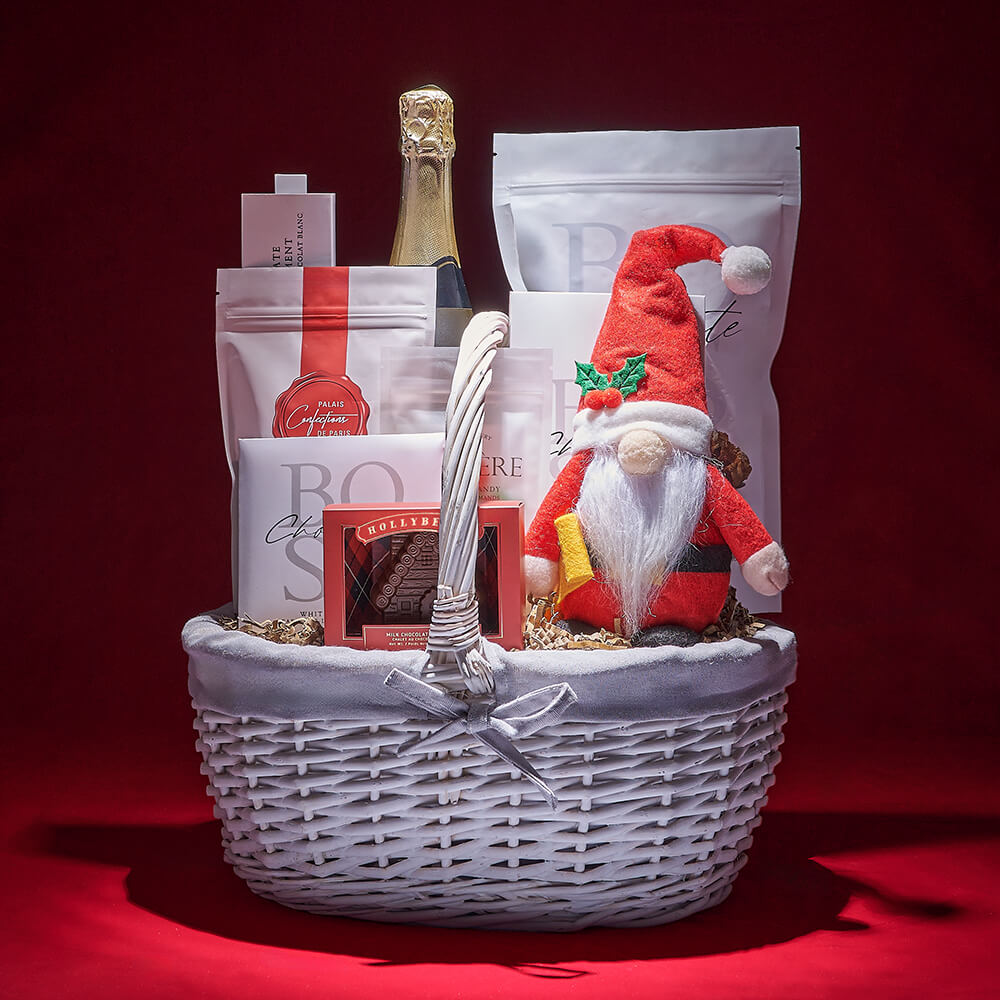Holiday Sparkling Wine Gift Basket with White Wicker and Assorted Treats – how the gift is presented