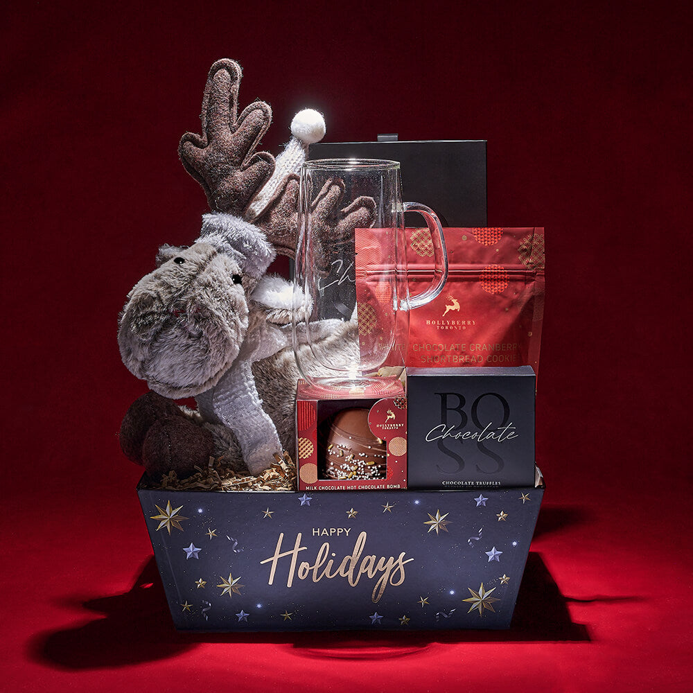 Holiday Chocolate Gift Basket with Reindeer Plush and Truffles – how the gift is presented