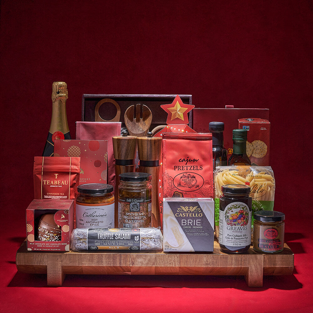 Holiday Sparkling Wine Gift Featuring Artisan Snacks – how the gift is presented