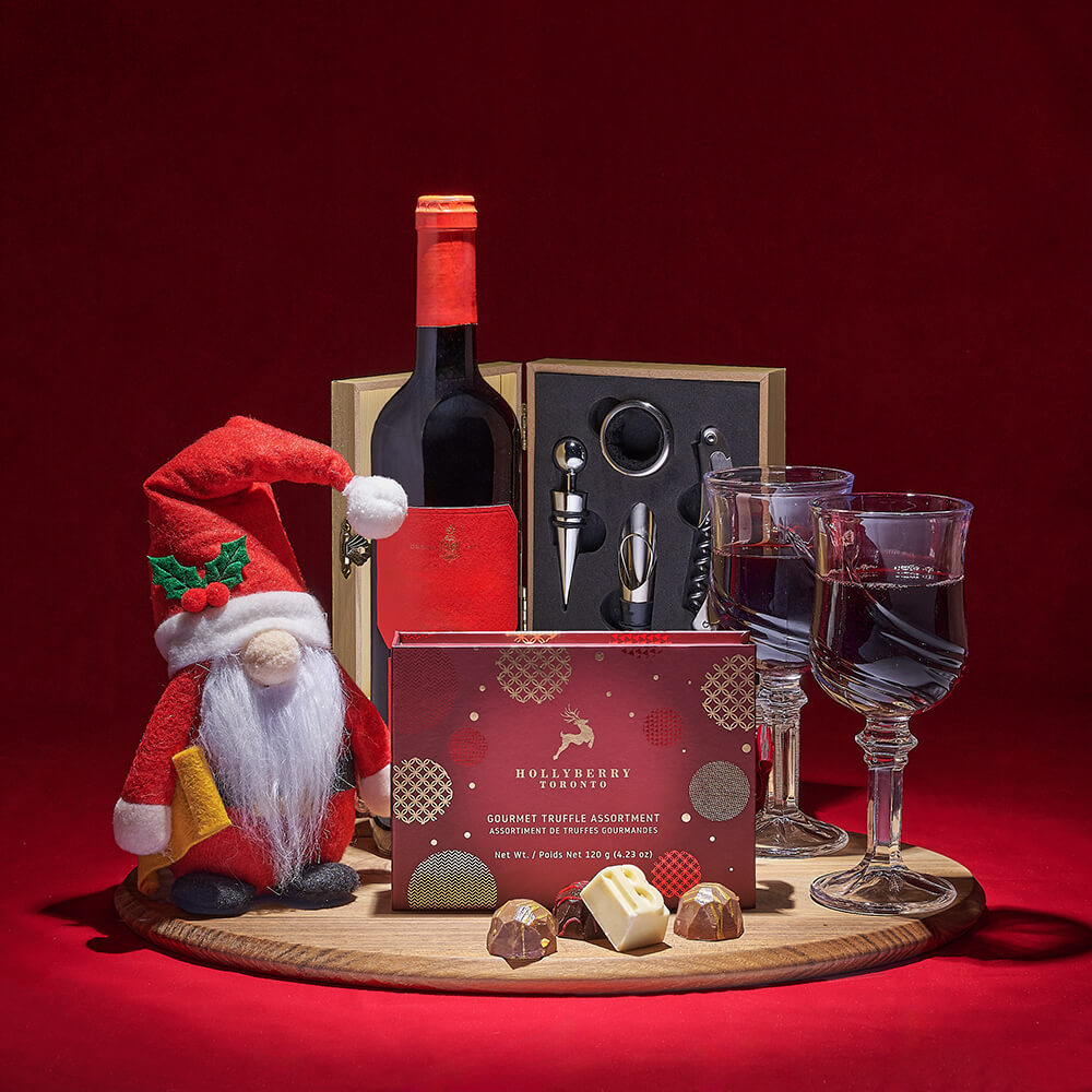 Holiday Wine Gift Set with Santa Plush, Truffles & Serving Board – how the gift is presented