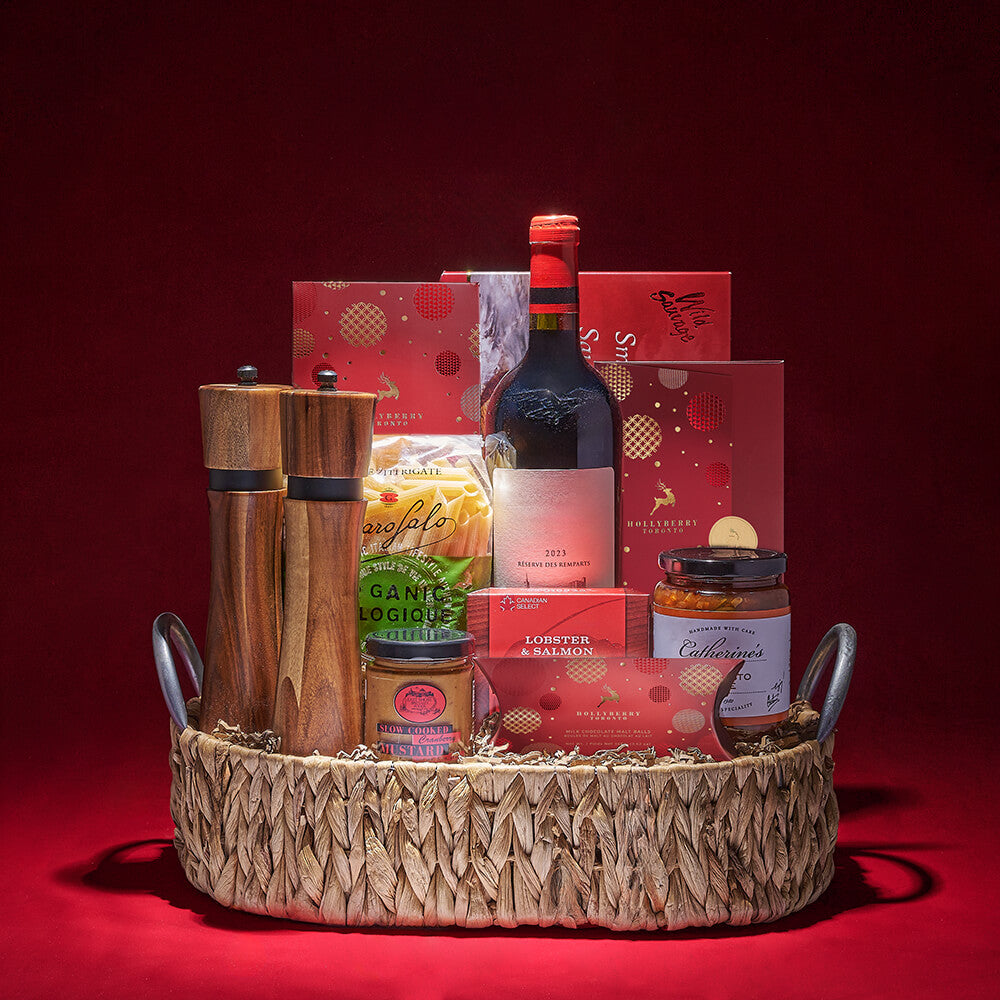 Holiday Season Wine Gift Basket with Pasta, Smoked Salmon & Chocolates – how the gift is presented