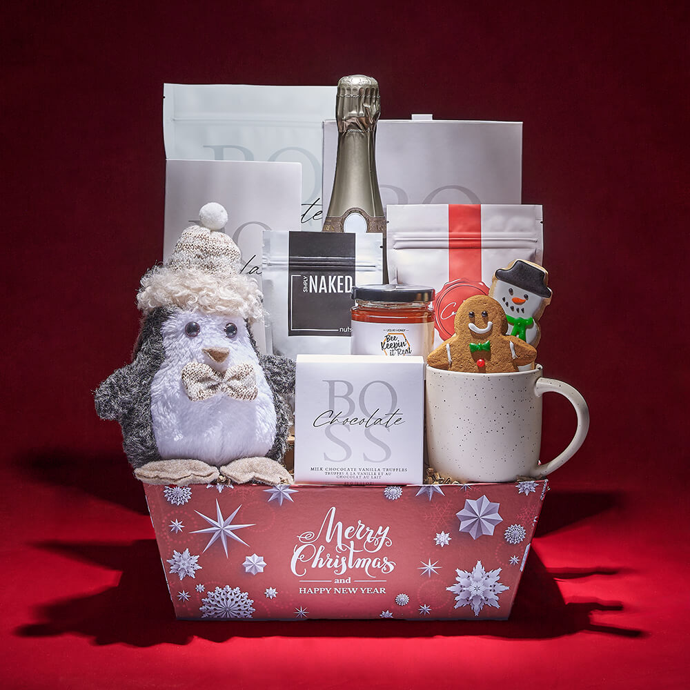 Christmas Sparkling Wine Gift Featuring White Chocolate Delights – how the gift is presented