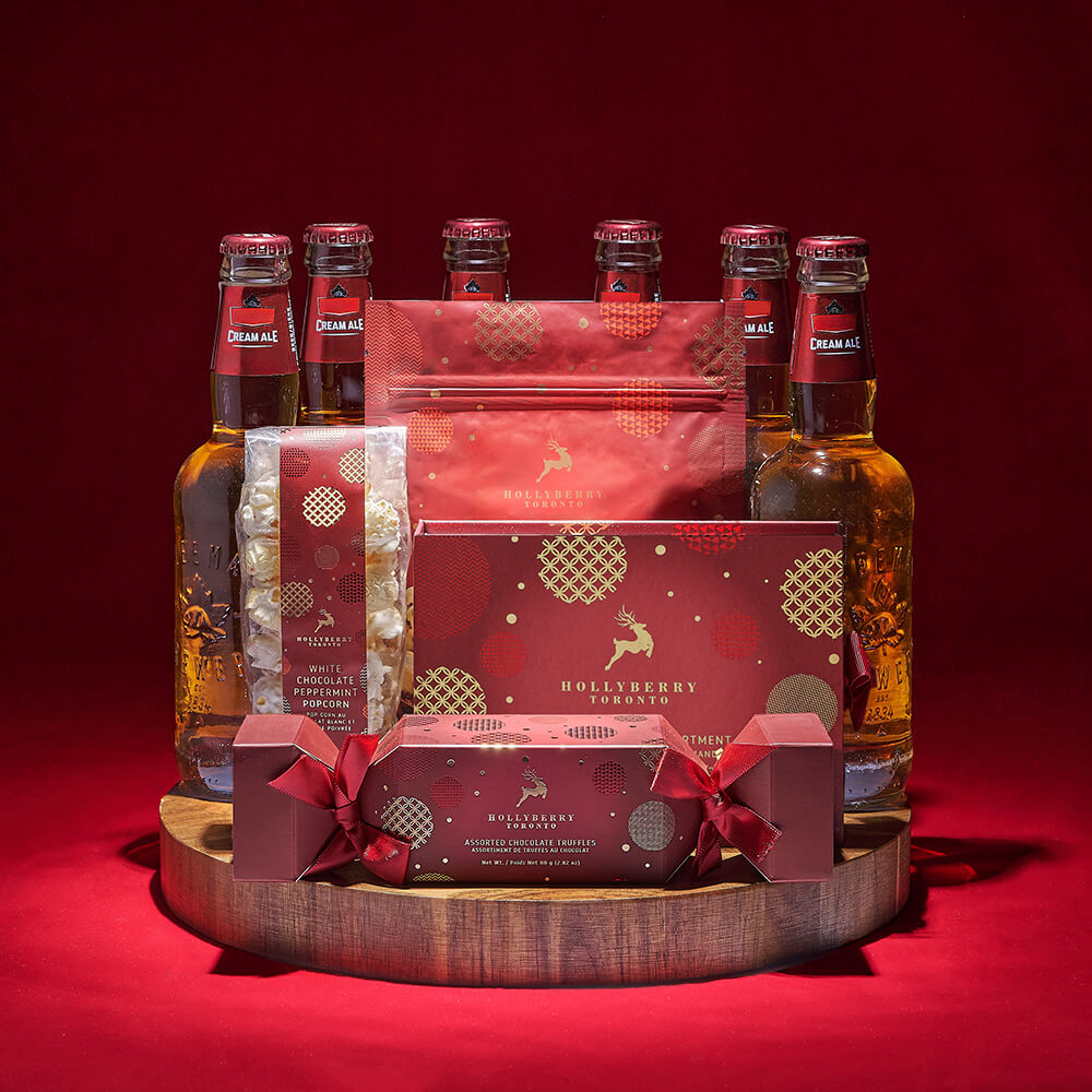 Holiday Six-Bottle Beer Gift Set with White Chocolate Treats on End-Grain Board – how the gift is presented