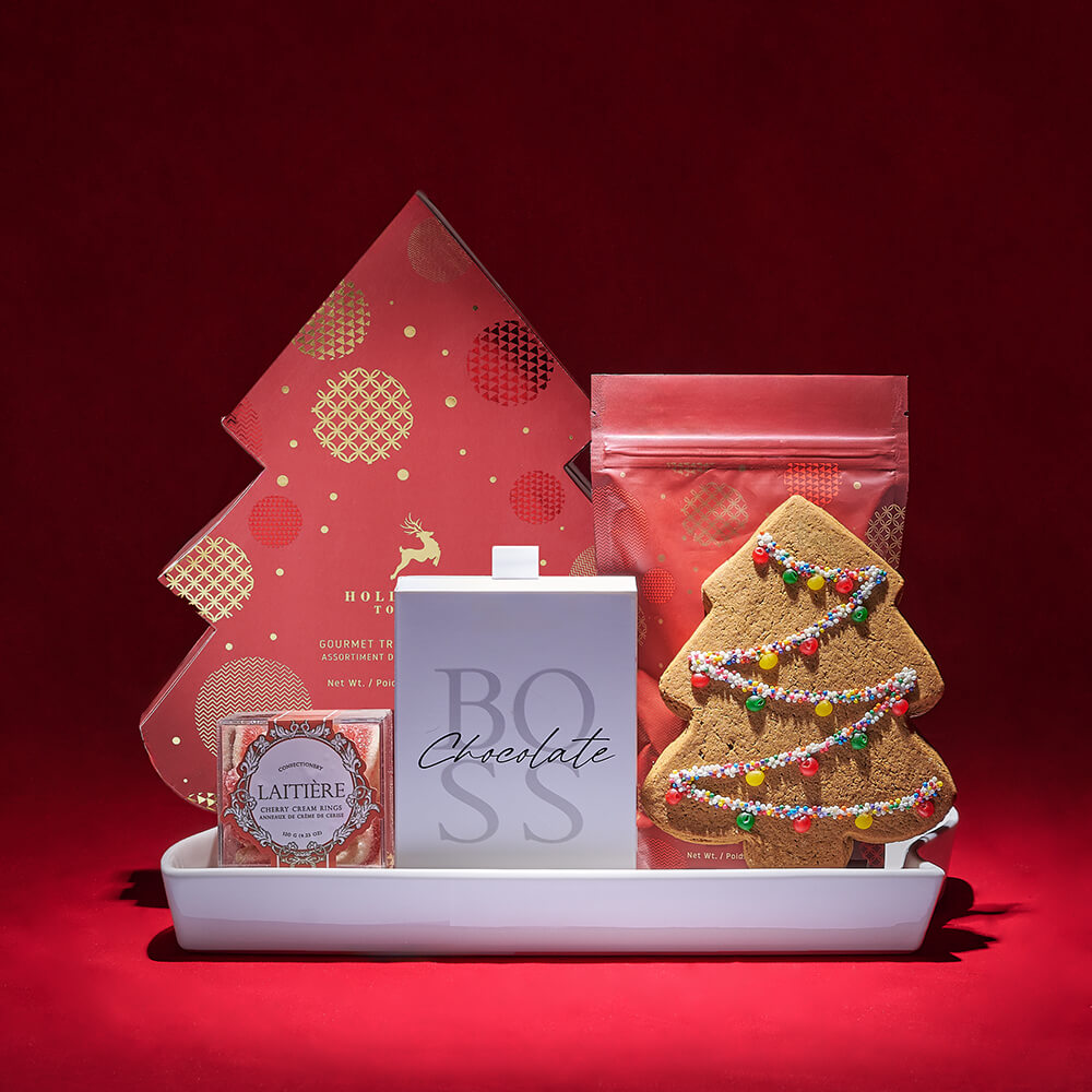 Holiday Dessert Gift Box Featuring Assorted Truffles and Hot Chocolate – how the gift is presented