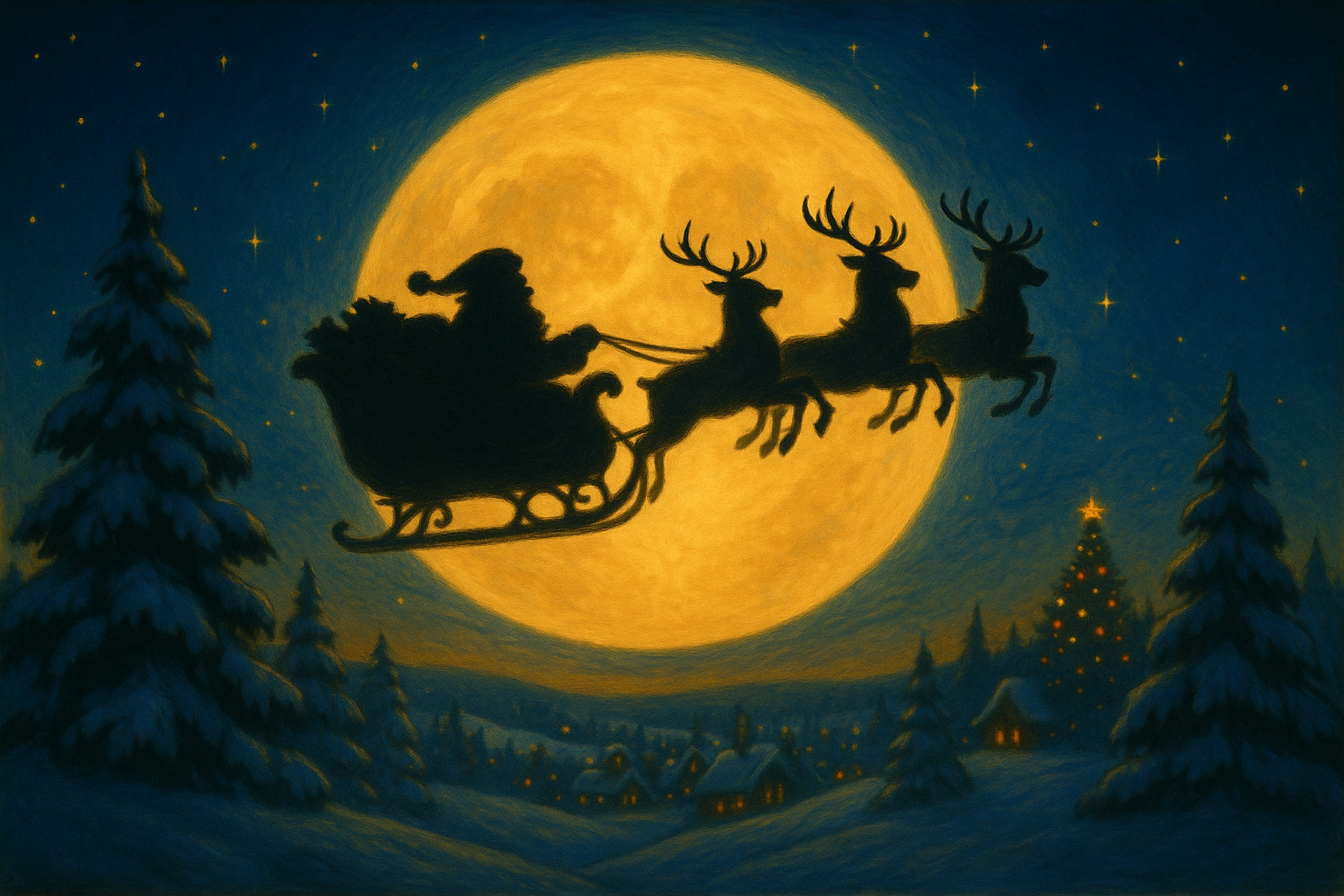 Santa flying in his sleigh with reindeer above snowy mountains - Port Coquitlam Christmas delivery