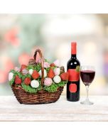 The Blooming Chocolate Dipped Strawberry Gift Basket With Wine