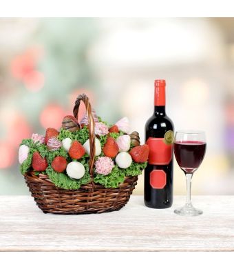 The Blooming Chocolate Dipped Strawberry Gift Basket With Wine