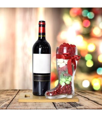 Wine & Santa’s Boot Candy Gift Basket, wine gift baskets, Christmas gift baskets

