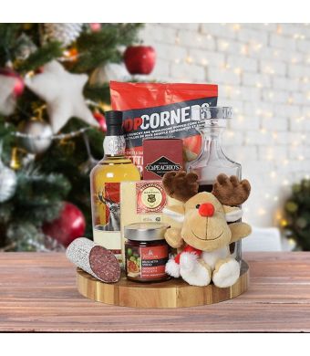 Rudolph’s Liquor & Snacking Gift Basket, liquor gift baskets, Christmas gift baskets
