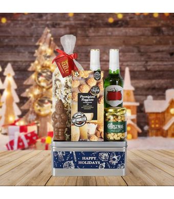 Happy Holidays Beer & Snacks Basket, Christmas gift baskets, beer gift baskets
